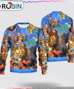 Diving Cat Under The Sea Art Style Christmas Ugly Sweater Cat Lover Christmas Sweater