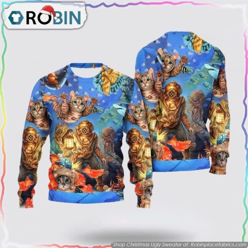 Diving Cat Under The Sea Art Style Christmas Ugly Sweater Cat Lover Christmas Sweater