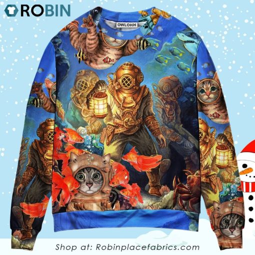 Diving Cat Under The Sea Art Style Ugly Christmas Sweater