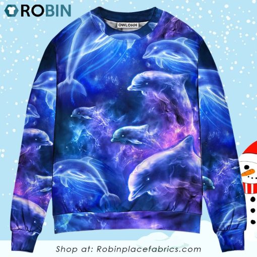 Dolphin Galaxy Neon Glow Style Ugly Christmas Sweater