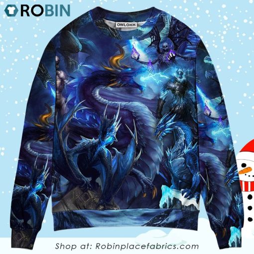 Dragon Blue Skull Fire Lightning Art Style Ugly Christmas Sweater