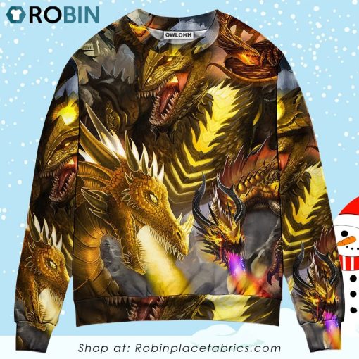 Dragon Gold Skull Lover Fight Art Style Christmas Ugly Sweater, Sweatshirt