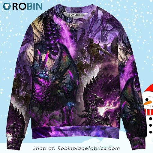 Dragon Purple Skull Monster Lightning Fight Art Style Christmas Ugly Sweater, Sweatshirt