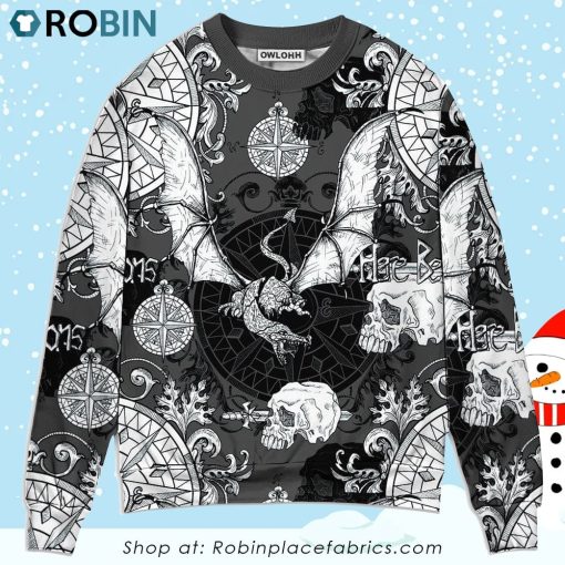 Dragon Snorting Fire Gothic Nautical Compass And Baroque 3D Ugly Christmas Sweater
