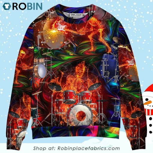Drum Is My Life Fire Skull Colorful Style Christmas Ugly Sweater, Sweatshirt