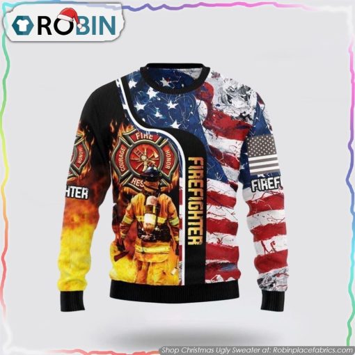 Firefighter USA Flag Ugly Christmas Sweater Christmas Gifts For Firefighters