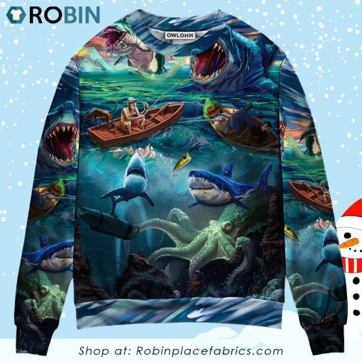 Fishing Shark Crazy Art Style Ugly Christmas Sweater