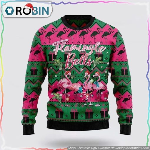 Flamingle Bells Flamingo Santa Unisex Wool Ugly Christmas Sweater