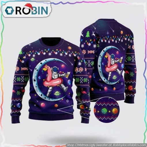 Funny Astronauts Sit On Flamingo Floats In Space With The Planet Ugly Christmas Sweater