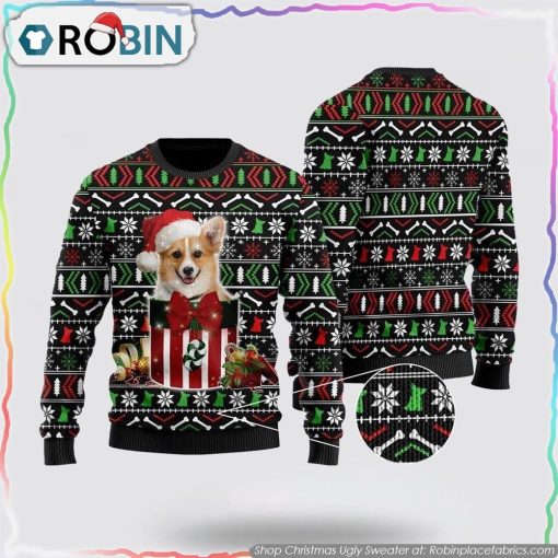 Funny Corgi In The Gift Box Ugly Sweater Pet Lover Christmas Sweater