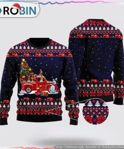 Funny Dogs With Red Truck Christmas Holiday Ugly Christmas Sweater Dog Lover Christmas Sweater