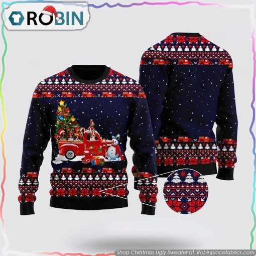 Funny Dogs With Red Truck Christmas Holiday Ugly Christmas Sweater Dog Lover Christmas Sweater