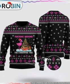 Funny Flamingo Flocking Around The Christmas Tree Ugly Christmas Sweater Gifts For Pet Lover