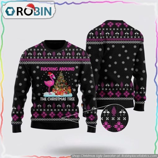 Funny Flamingo Flocking Around The Christmas Tree Ugly Christmas Sweater Gifts For Pet Lover