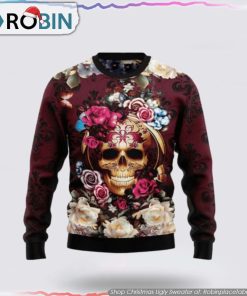 Get Festive With Skull Flower Christmas Ugly Sweater Get Festive With Skull Flower Christmas Ugly Sweater
