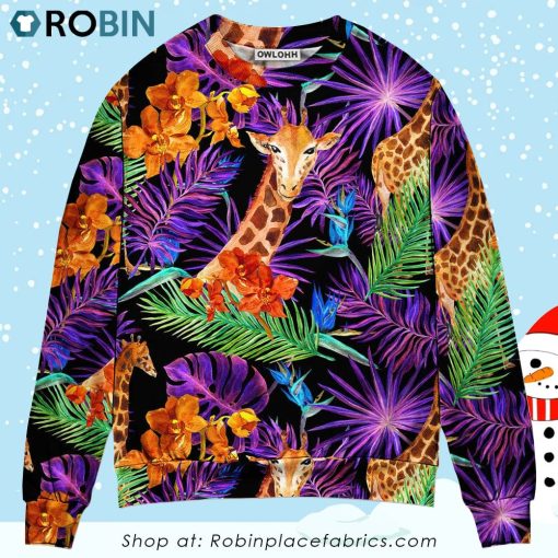 Giraffe Tropical Leaf Colorful Christmas Ugly Sweater, Sweatshirt