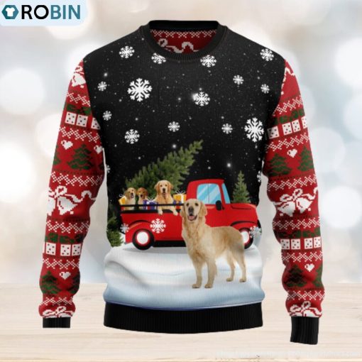 Golden Retriever Red Truck Ugly Christmas Sweater Thankgiving Gift Men Women
