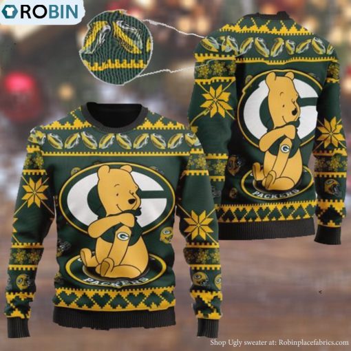 Green Bay Packers NFL American Football Team Logo Cute Winnie The Pooh Bear 3D Ugly Christmas Sweater