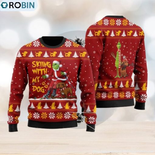 Grinch And Dachshund Skiing With My Dog For Dachshund Lovers Ugly Sweater 3D At Christmas