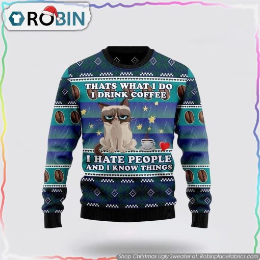 Grumpy Cat Coffee Funny Family Ugly Christmas Sweater Cat Lover Christmas Sweater