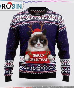 Grumpy Cat Merry Christmas Xmas Santa Hat Christmas Ugly Sweater Cat Lover Christmas Sweater