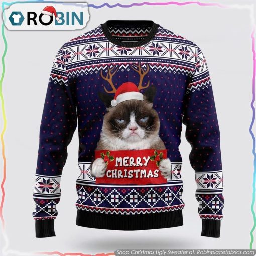 Grumpy Cat Merry Christmas Xmas Santa Hat Christmas Ugly Sweater Cat Lover Christmas Sweater