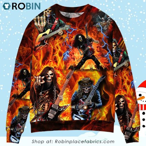 Guitar Skull Fire So Hot Ugly Christmas Sweater