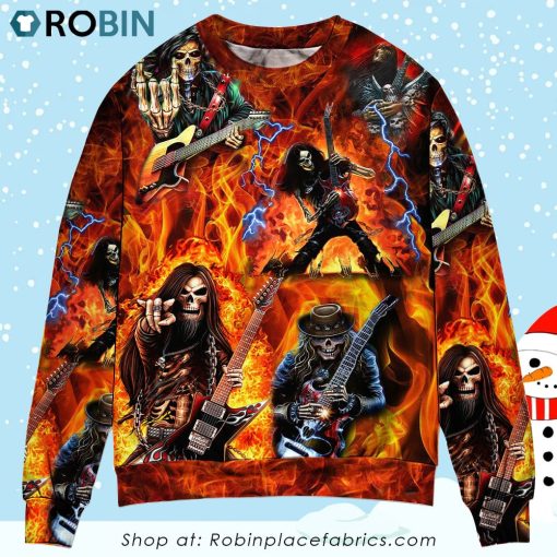 Guitar Skull Fire Style Sweater Ugly Christmas Sweater
