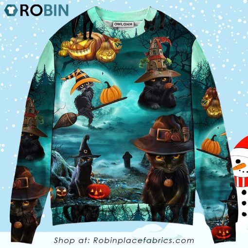 Halloween Black Cat Pumpkin Scary Style Christmas Ugly Sweater, Sweatshirt