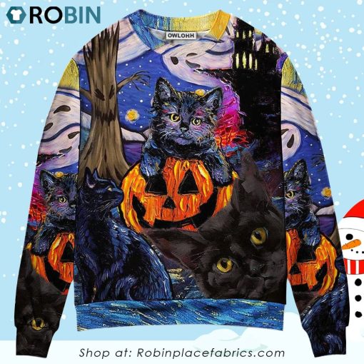 Halloween Black Cat Starry Night Funny Cat Painting Art Style Christmas Ugly Sweater, Sweatshirt