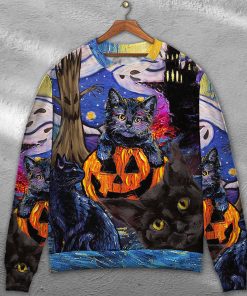 Halloween Black Cat Starry Night Funny Cat Painting Art Style Christmas Ugly Sweater, Sweatshirt