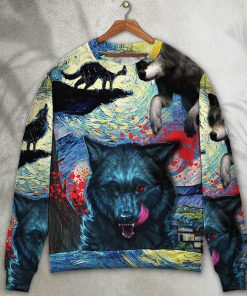 Halloween Black Wolf Crazy Starry Night Blood Art Style Christmas Ugly Sweater, Sweatshirt
