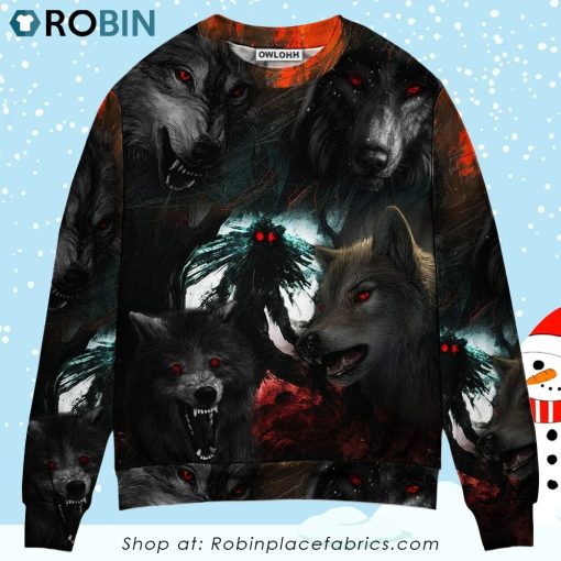 Halloween Black Wolf In The Dark Ugly Christmas Sweater