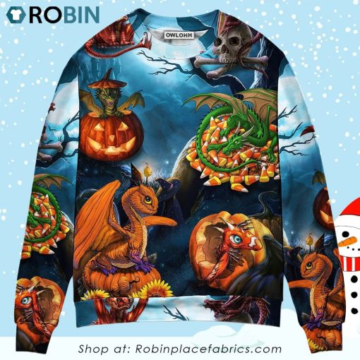 Halloween Dragon Pumpkin Scary Sky Night Ugly Christmas Sweater