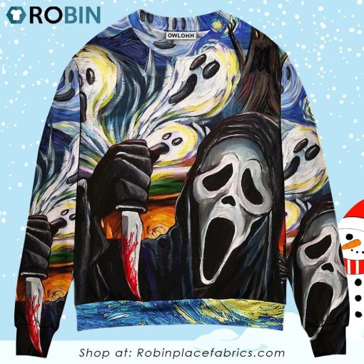 Halloween Ghost Scream Starry Night Funny Boo Art Style Ugly Christmas Sweater