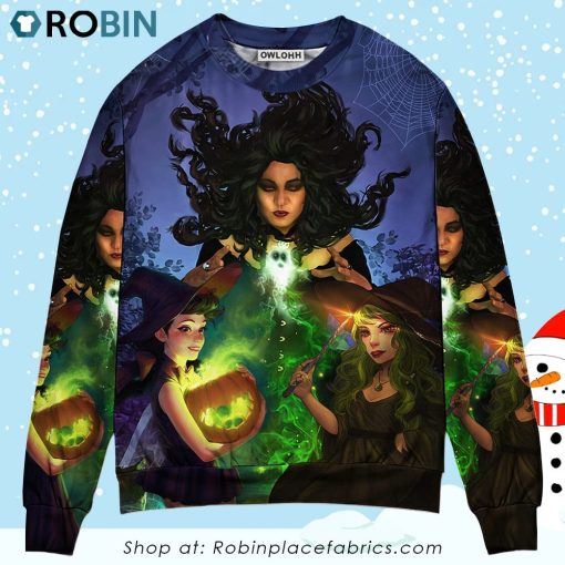 Halloween Magic Witch Ghost In The Dark Forest Art Style Christmas Ugly Sweater, Sweatshirt