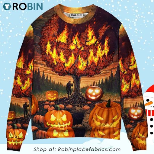 Halloween Pumpkin Burning Crazy Style Christmas Ugly Sweater, Sweatshirt