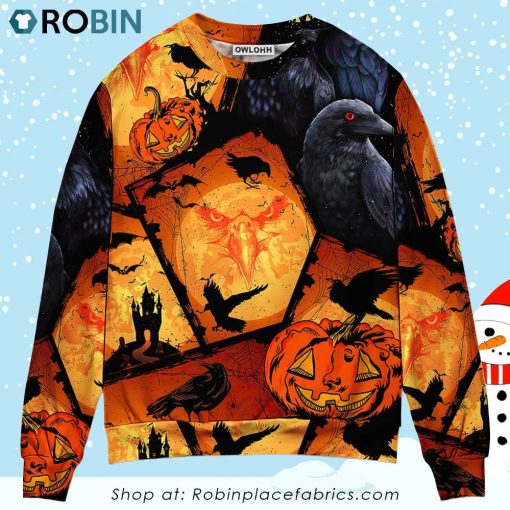 Halloween Raven Pumpkin Scary Christmas Ugly Sweater, Sweatshirt