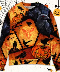 Halloween Raven Pumpkin Scary Christmas Ugly Sweater, Sweatshirt Halloween Raven Pumpkin Scary Christmas Ugly Sweater, Sweatshirt