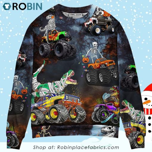 Halloween Skeleton Dinosaur Driving Monster Truck Christmas Ugly Sweater, Sweatshirt