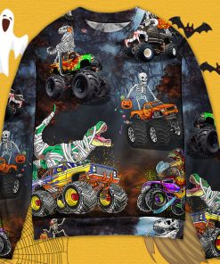 Halloween Skeleton Dinosaur Driving Monster Truck Christmas Ugly Sweater, Sweatshirt