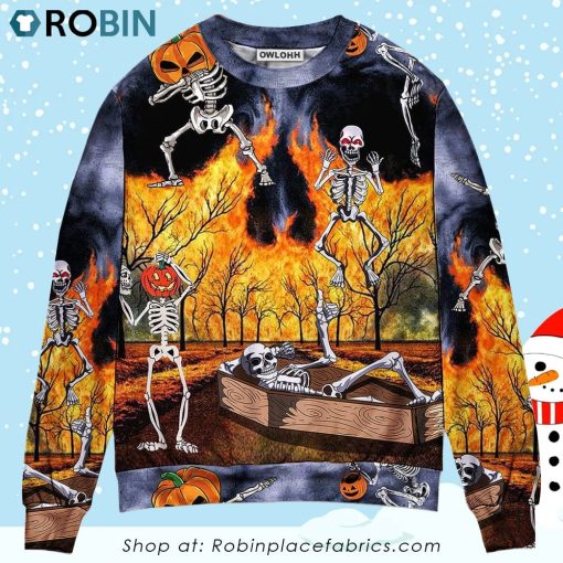 Halloween Skeleton Party Pumpkin Burning Scary Christmas Ugly Sweater, Sweatshirt