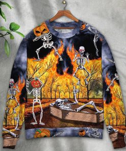 Halloween Skeleton Party Pumpkin Burning Scary Christmas Ugly Sweater, Sweatshirt