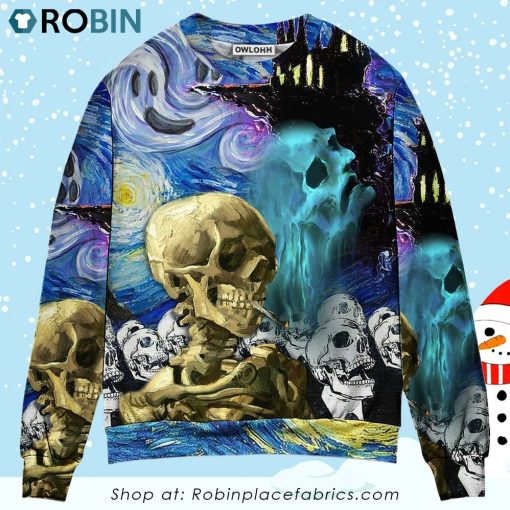 Halloween Skull Smoke Scream Starry Night Funny Boo Art Style Christmas Ugly Sweater, Sweatshirt