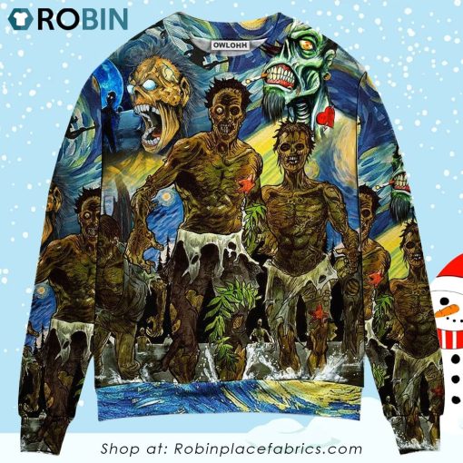 Halloween Zombie Crazy Starry Night Funny Boo Art Style Christmas Ugly Sweater, Sweatshirt