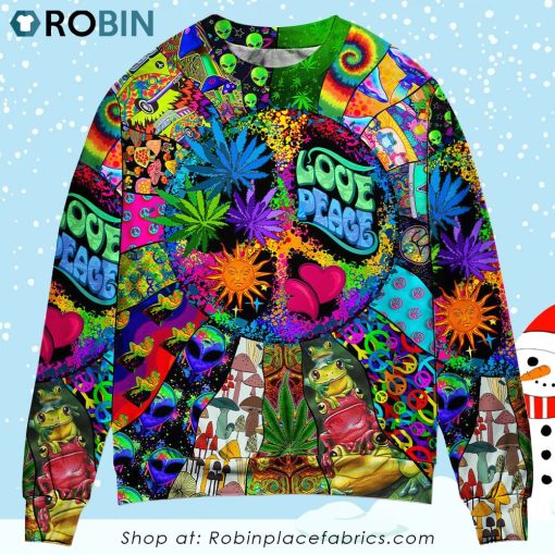 Hippie Alien Frogs Love Peace Christmas Ugly Sweater, Sweatshirt
