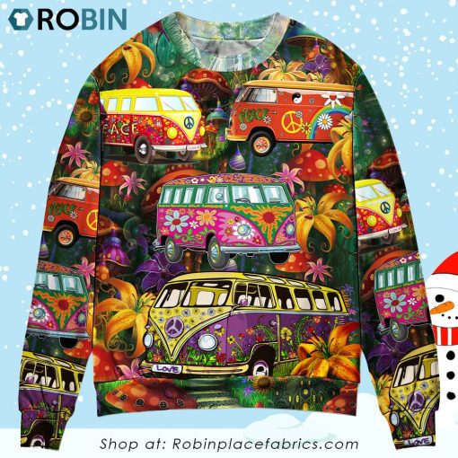 Hippie Bus Peace Life Colorful Style Christmas Ugly Sweater, Sweatshirt