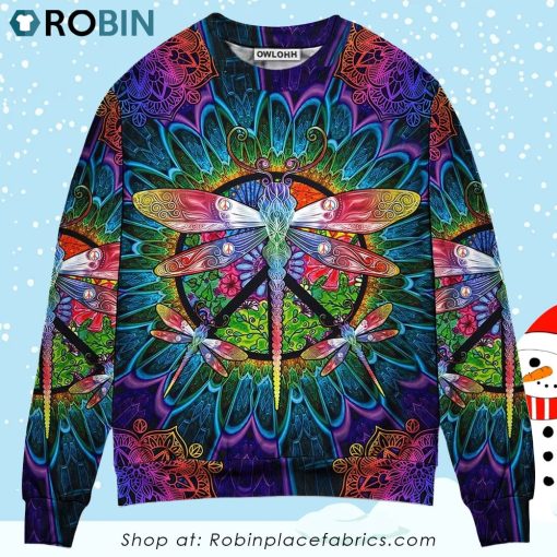 Hippie Colorful Dragonfly Mandala Peace Life Christmas Ugly Sweater, Sweatshirt
