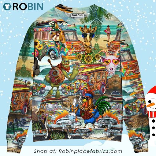 Hippie Funny Animals Happy Together Love Beach Sweater Christmas Ugly Sweater, Sweatshirt