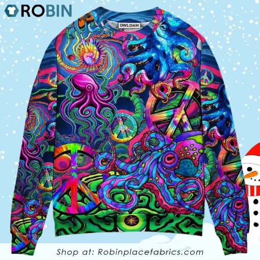 Hippie Funny Octopus Colorful Tie Dye Style Ugly Christmas Sweater